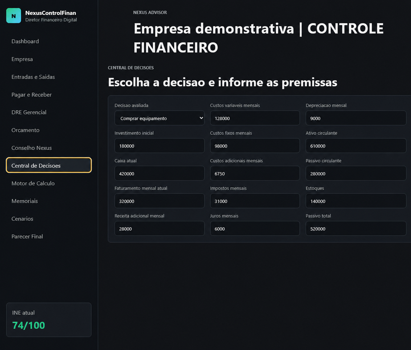 Cenarios de decisao no NexusControlFinan